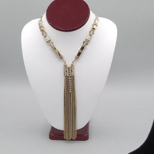 INC Gold Tone Fashion Necklace Tassel Drop Pendant Crystal Details 18 in Signed